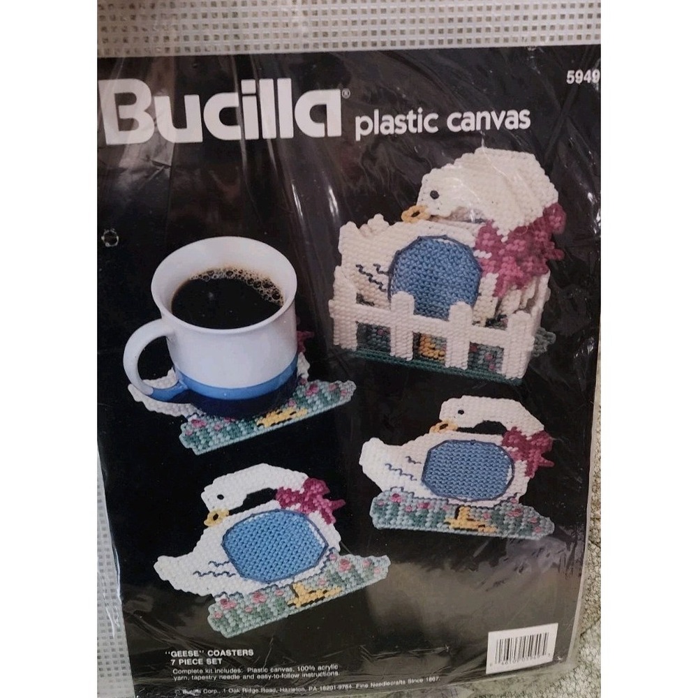 Bucilla Geese Coasters Plastic Canvas Kit 5949 7-Piece Set NEW Vtg Country Goose